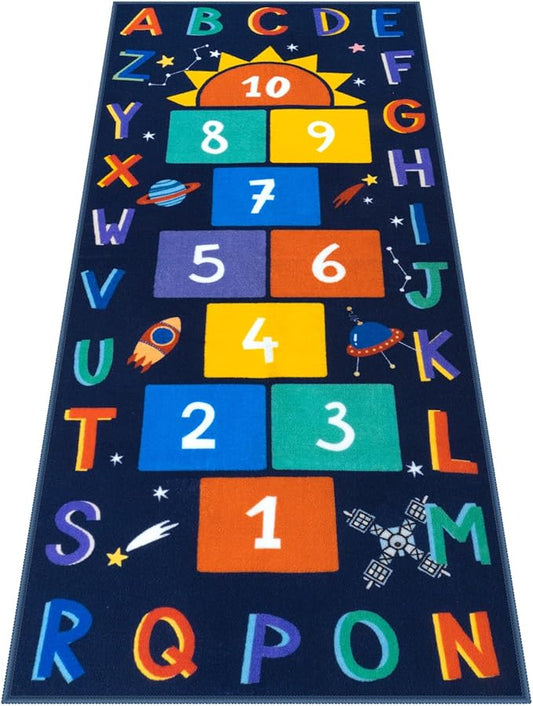 STARUIA Washable Hopscotch Kids Rugs for Playroom, Colorful Educational Classroom Rug with ABC Number, Non Slip Boy Kids Room Rug Space Game Carpet for Bedroom Nursery（Dark Blue, 31.5''x72''）