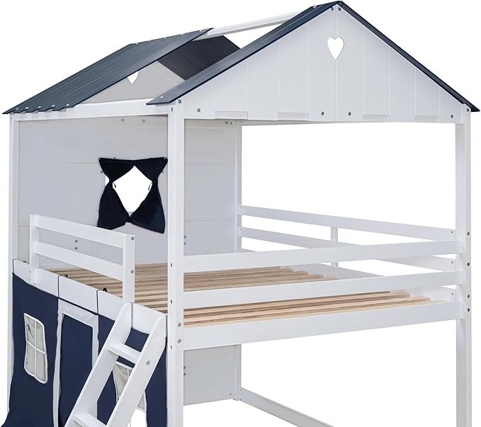 Twin Size House Bunk Bed with Elegant Windows and Sills, Solid Wood Tent Bed Frame with Guardrails for Kids Teens Boys Girls, Versatile Spacious Under Bed Space with Curtains (White+Blue T)