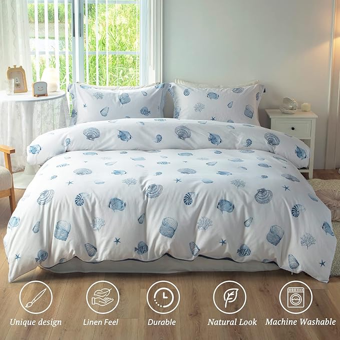 MILDLY 100% Washed Cotton Duvet Cover - Seashell Blue Comforter Cover Set Nautical Coastal Pattern Bedding Set with Zipper Closure 4 Ties Full Size
