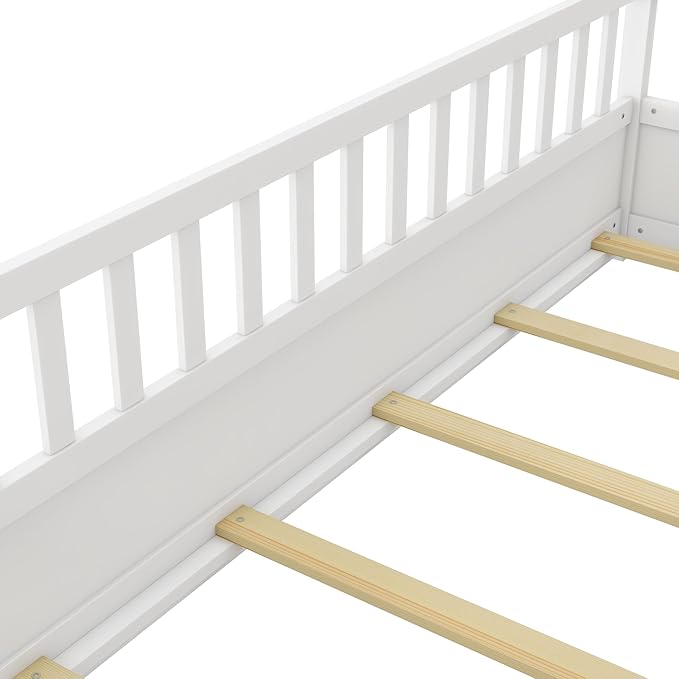 Bellemave Twin Floor Bed with Slats and High Fence, Twin Size Montessori Floor Beds with Door, No Box Spring Needed, Easy Assemble Montessori Bed Frame(White Twin)