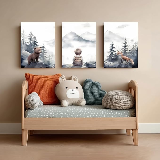 kilamino Neutral Woodland Wild Animal Wall Art, Cute Bear Fox Nursery Wall Decor, Adventure Boy Poster Prints, Vintage Forest Animal Canvas Paintings for Baby Room Classroom Playroom Framed 16"x24"x3