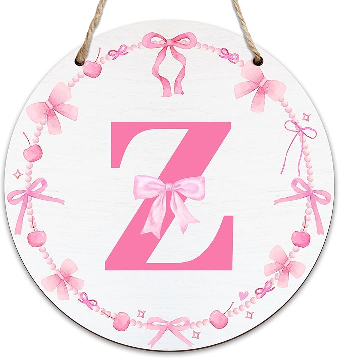 Monogram Round Sign For Front Door, Cherry Bow Theme Sign For Porch Art Wall Door, Initial Signs Hanging Ornament For Indoor Outdoor, Decorations Gifts For Four Seasons Rustic Home Kitchen, Z, A26