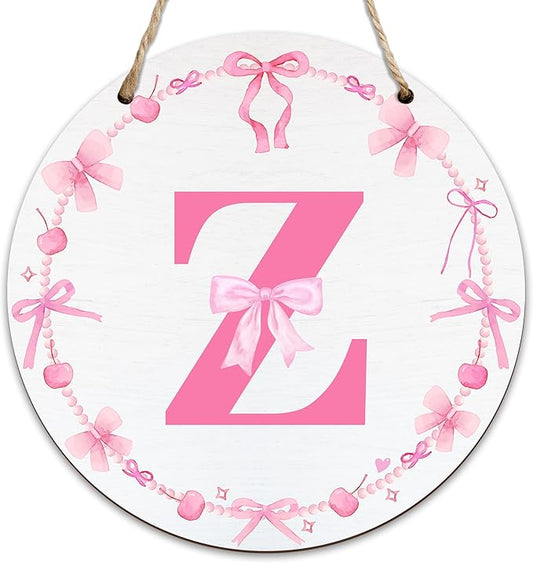 Monogram Round Sign For Front Door, Cherry Bow Theme Sign For Porch Art Wall Door, Initial Signs Hanging Ornament For Indoor Outdoor, Decorations Gifts For Four Seasons Rustic Home Kitchen, Z, A26