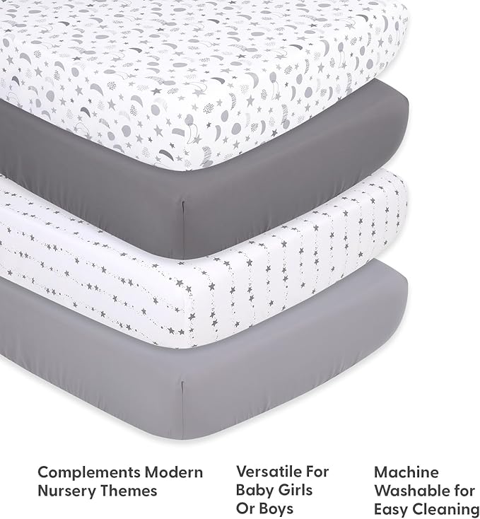 The Peanutshell 4-Pack Fitted Crib Sheet Set - Super Soft & Breathable Baby Girl or Boy Crib Sheets, Nursery Decor, Fit for Standard Mattress Cover- Celestial Moon & Stars