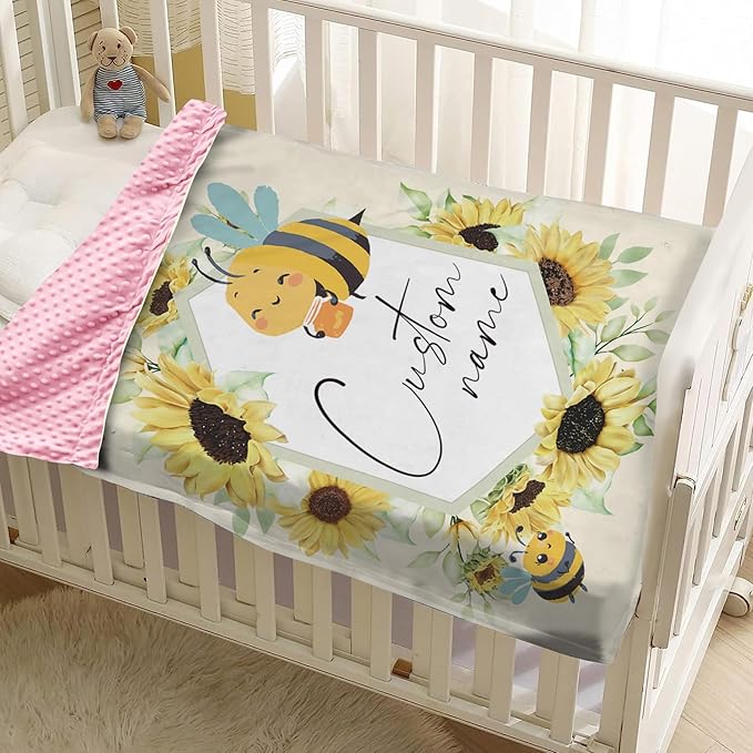 Personalized Baby Blankets for Boys Girls, Custom Name Yellow Bee Design Baby Blanket, Soft Receiving Blanket for Newborns and Toddlers, Ideal for Baby Showers and Nursery Decor
