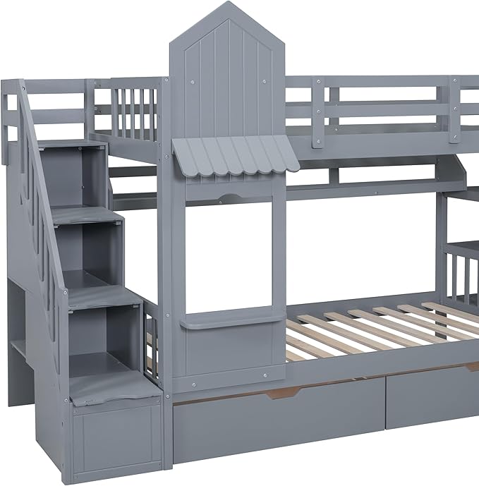 Twin-Over-Twin Castle Style Bunk Bed with 2 Drawers and 3 Shelves, Wood Bunk Bed Frame with Slide and Storage Staircase for Kids Teens Boys Girls, Maximize Space Savings