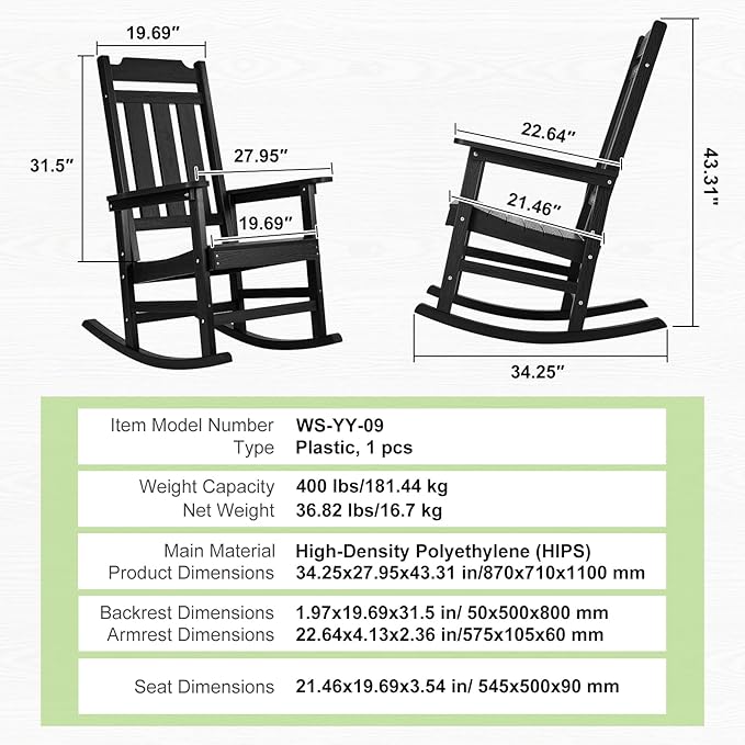 VEVOR Porch Rocker, HIPS Outdoor Rocking Chair, High Back Patio Rocking Chair with Smooth Armrests, Supports up to 400 lbs, for Garden, Balcony, Porch, Black