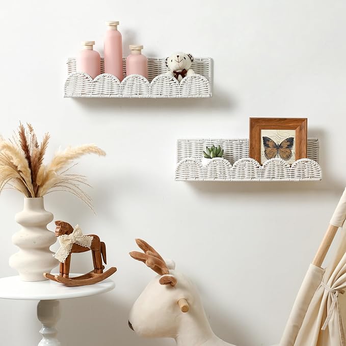 Pinkunn 4 Pcs Nursery Book Shelves 15.8 Inch Rattan Scalloped Floating Bookshelves Wicker Boho Book Shelf for Wall Mounted Decor Nursery Rooms Hanging(Cute)