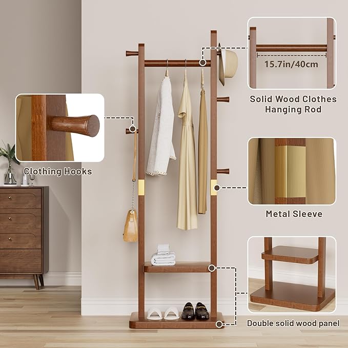 Coat Rack Freestanding Clothing Rack with Wheels & 2 Shelves Storage & 5 Hooks Heavy Duty Clothes Rack Wood Coat Tree Stand Hat Hanger Rack (Style 2 – Walnut Brown, Stationary Base (No Wheels), L)
