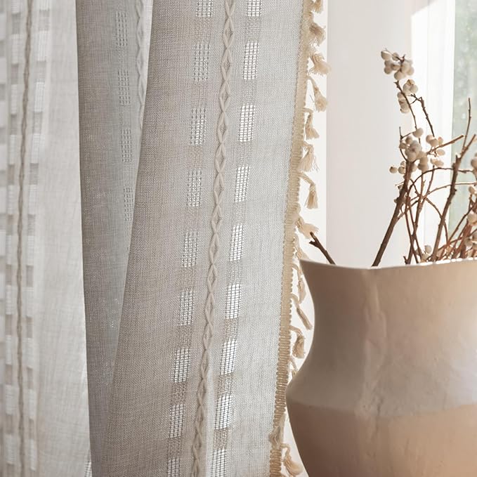 Deeprove Silver Grey Boho Curtain 84 inches Length for Living Room Bedroom Nursery Doorway, Cream Bohemian 84 inches Long, Stripe Embroidery Privacy Window Fringe Christmas Decor W52 x L84, 1 Panel