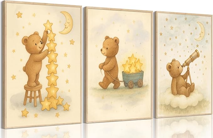 3Pcs Bear Nursery Wall Art Cute Teddy Bear with Stars and Moon Poster Animals Playing with Stars and Telescope Neutral Baby Room Decor Dreamy Prints for Kids and Babies Bedroom 8x10in Unframed