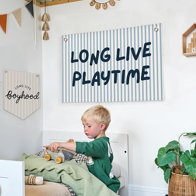 Lacama Playroom Decor, Play Room Wall Decor, Blue Long Live Playtime Linen Banner Wall Hanging, Boho Cute Banner Flag Decor for Nursery Boys Room 30x20 Inch