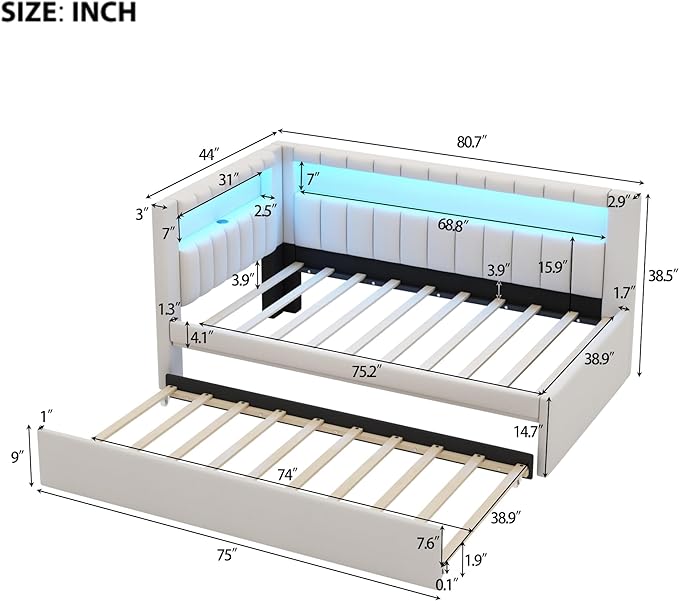 Twin Size Soft Daybed with Trundle, Storage Shelves and LED Belt, Linen Upholstered Corner Bed with L-Shaped Bookshelf Headboard and USB Charger for Kids Boys Girls, White