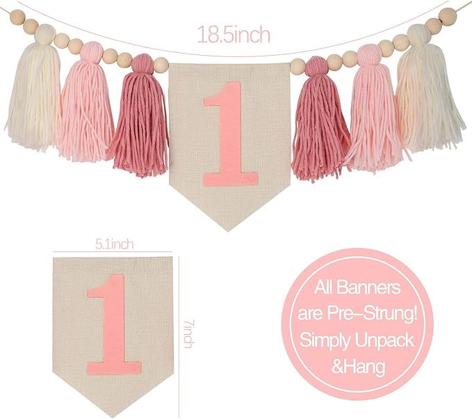 Boho Pink Handmade 1st Birthday High Chair Banner First Highchair Banner For Baby Girls Wild One Wall Hangings Wood Bead Tassel Garland 1 Birthday Party Decorations Photoshoot Props Photo Props