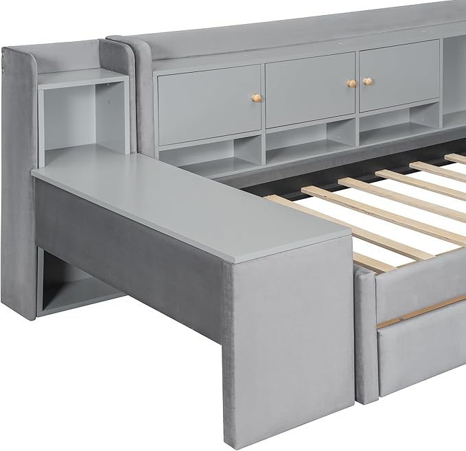 Twin Size Daybed with Desk, Storage Drawers and L-Shaped Bookshelf Headboard, Velvet Upholstered Soft Corner Bed with Flip Cabinets and Shelves for Kids Boys Girls, Gray