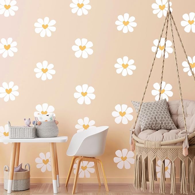 6 Sheet Daisy Wall Stickers White Heart Daisy Decals Peel and Stick Flower Wall Stickers White Flower Decals Floral Wallpaper for Bedroom Nursery Playroom Home Decor