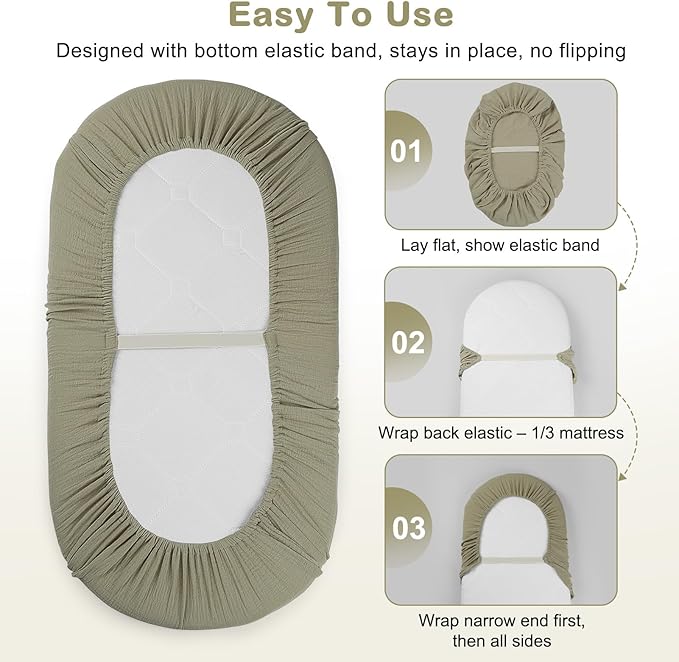 Basumee Muslin Bassinet Sheets for Baby Girl Boy 2 Pack Soft Breathable Baby Bedside Bassinet Fitted Sheets with Bottom Elastic Band 33''x17''x4'' Mattress Cover for Rectangle Oval Hourglass Bassinets