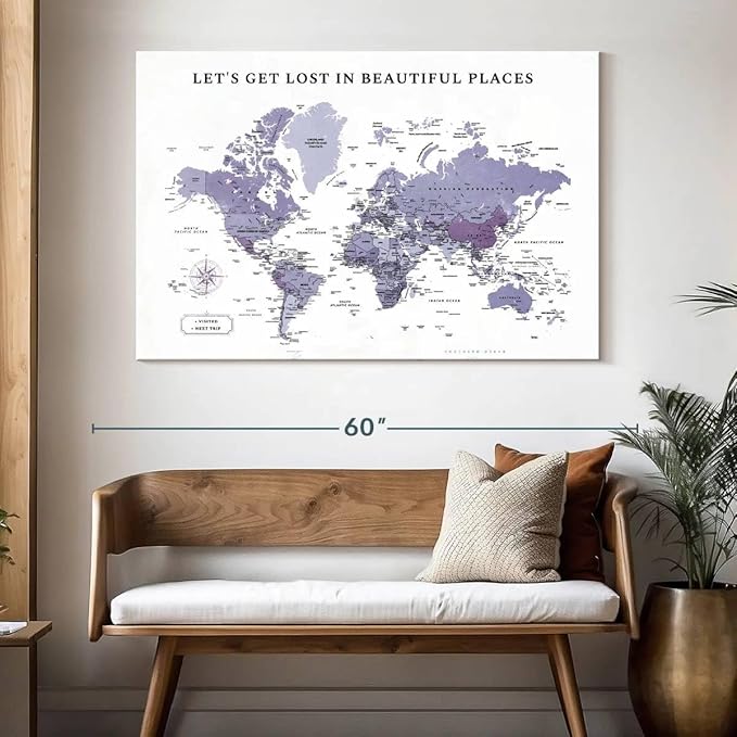 ElephantStock - Beautiful Places II Push Pin World Map Wall Art - Horizontal Canvas Wall Art - Living Room Wall Decor - Digital Art Map Canvas Art - White And Black Decor - 51" x 34"