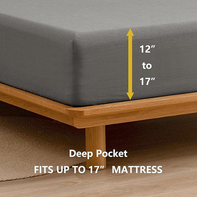 BESTOUCH Sheet Set 100% Washed Cotton Linen Feel Super Soft Comfortable Chic Lightweight 4 Pcs Home Bedding Set Solid Dark Grey Full