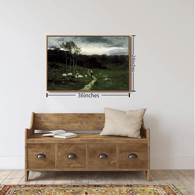 OIQArtOIQ Framed Vintage Landscape Wall Art Shepherd Natural Scenery Oil Painting Canvas Prints Country Farmhouse Aesthetic Fall Decor Pictures for Kitchen Bedroom Living Room Bathroom