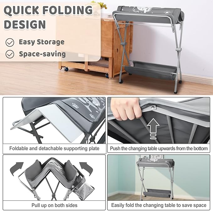 Baby Changing Table, Portable Folding Diaper Changing Station with Wheels, Adjustable Height Nursery Organizer with Safety Belt & Storage Basket & Hanging Rack for Newborn Baby and Infant (Gray)