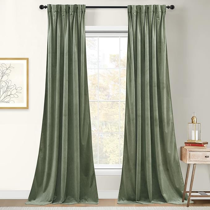 StangH Sage Green Pinch Pleated Velvet Curtains - Nursery Girls Bedroom Window Drapes Luxury Room Darkening Privacy Sliding Door Curtains for Living Room Office, W30 x L84, 2 Panels