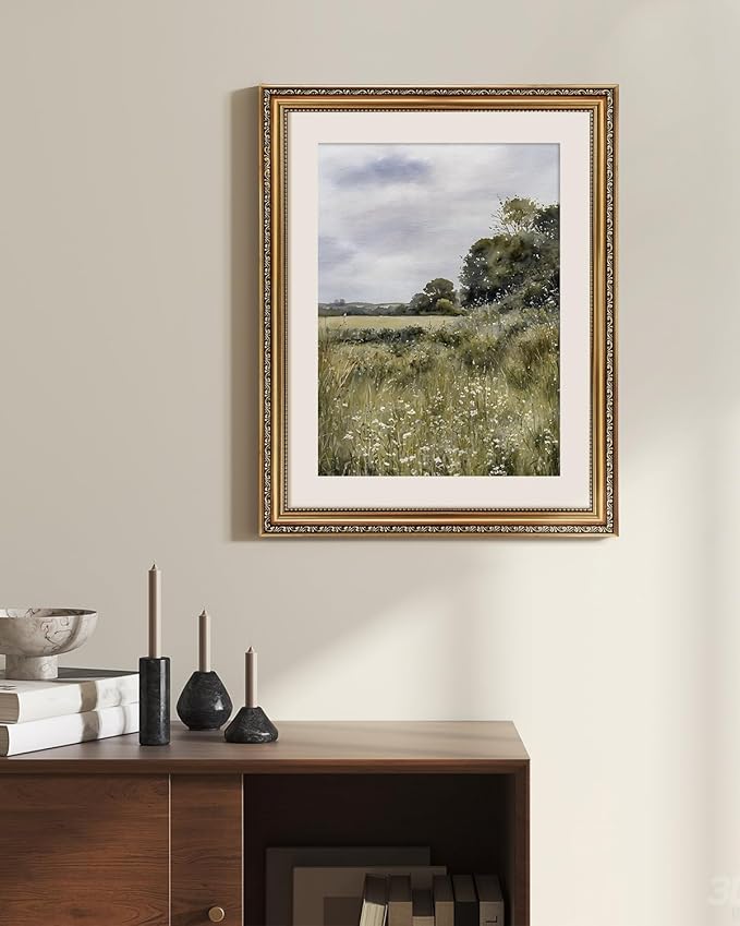 ARPEOTCY Vintage Gold Framed Large Wall Art, Farmhouse Meadow Landscape Country Painting, Canvas Prints with Antique Frame, Moody Victorian Wall Picture Decor for Living Room Gallery, 16x20 inch