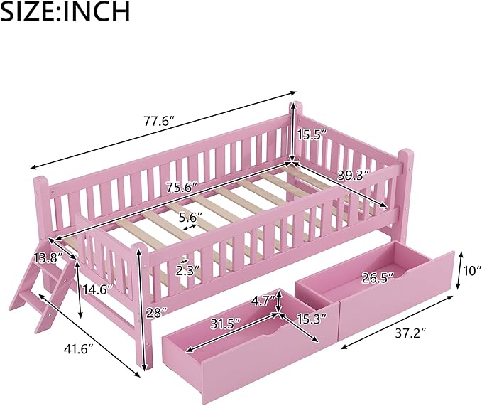 Twin Size Platform Bed with Guardrail and 2 Drawers, Wood Kids Platform Bed Frame with Two-Step Ladder for Boys Girls, Sturdy Slats Support (Pink-1.26)
