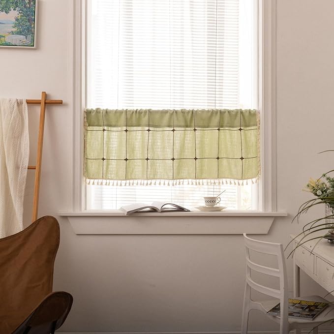 Deeprove Mint Green Boho Curtain Valance 18 Inches Length Bohemian Lattice Gingham Textured Embroidery Plaids, Vintage Chic Tassels Casual Easter Decor Drapes Rod Pocket, 1 Panel W52 x L18