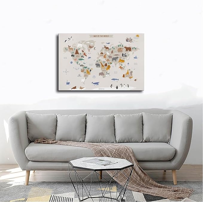 KIPNG Kids World Map - Playroom Animal World Map - Nursery Educational Poster Canvas Poster Wall Art Picture Paintings for Living Room Bedroom Decoration Frame-style24x36inch(60x90cm)