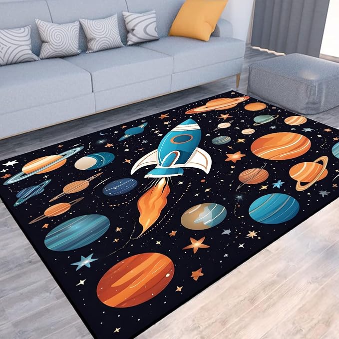 Space Rocket Rug for Boys Room Rugs Cartoon Planet Carpet Galaxy Stars Printed Throw Rugs for Kids Teens Doormat Bedroom Living Room,31 in X 47 in