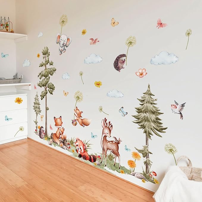 Woodland Animals Wall Decals-Pine Tree Forest Wall Stickers with Deer, Fox, Elephant, Removable Nursery Wall Art for Kids Bedroom, Playroom，Living Room