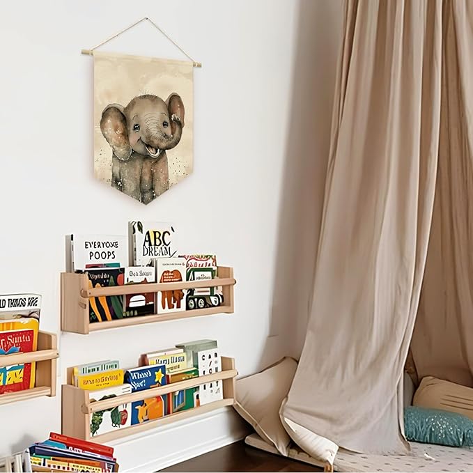 Safari Nursery Decor, Elephant Watercolor Wall Art Canvas Banner, Woodland Nursery Decor, Watercolor Animal for Toddler Room, Elephant Canvas Hanging Pennant Flag Banner, Gift for Baby Girl Boy