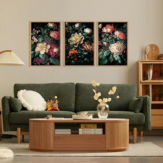 FWIEXA Moody Floral Wall Art Canvas Set, Framed Dark Botanical Wall Painting, Large Black Academia Wall Painting, Academia Art Print 3 Piece 16x24 Inches for Living Room, Bedroom, Office