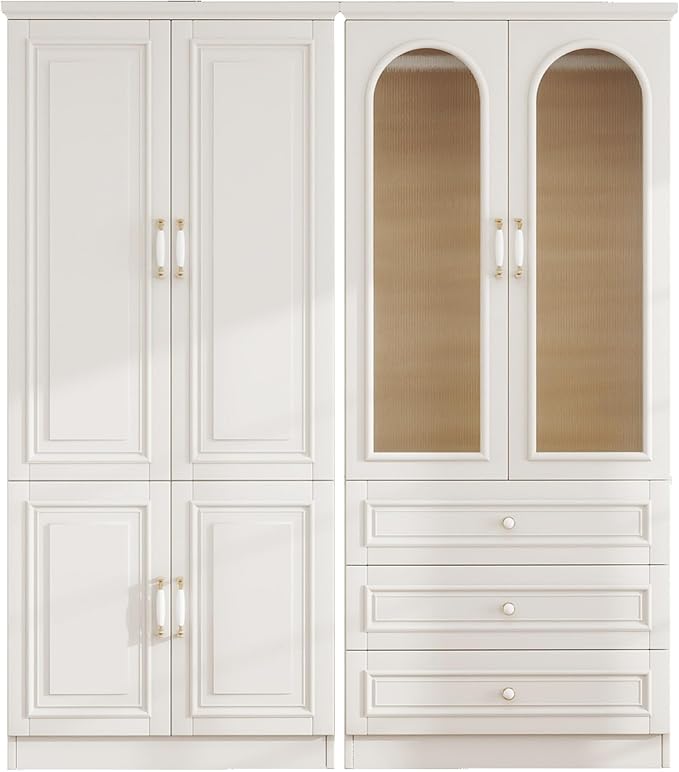 Solid Wood Wardrobe Closet:TemkTuek 70.87" Large Armoire Wardrobe Cabinet,Clothing Storage Cabinet with Doors,Shelves and Hanging Rails,Vintage Freestanding,Bedroom,White(18-19)