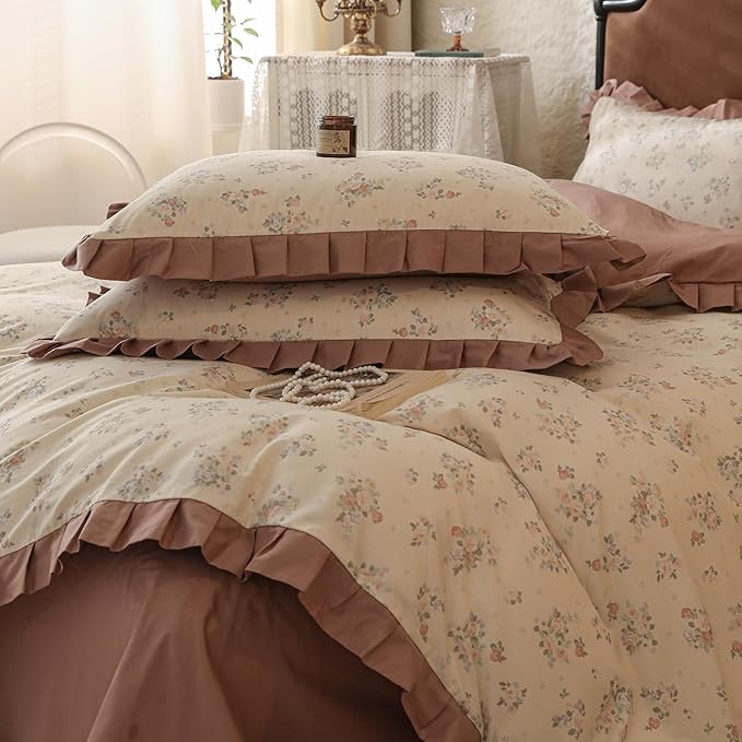 Ruffle Duvet Cover King 100% Cotton Vintage Floral Comforter Cover Aesthetic Rose Flower Duvet Cover Romantic Ruffle Comforter Cover Botanical Floral Bedding Lace Duvet Cover with 2 Pillowcases