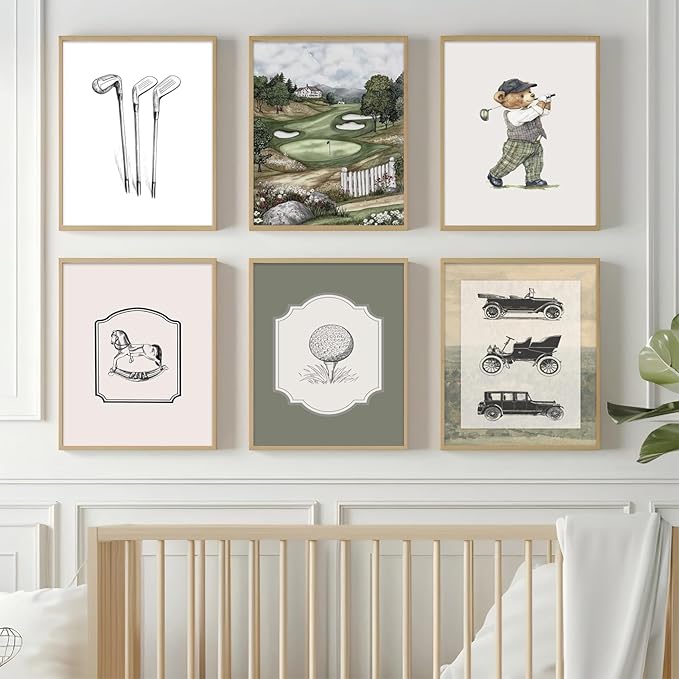 6Pcs Sage Green Vintage Nursery Wall Art Teddy Bear Golf Sports Wall Decor Toddler Vehicle Painting Pictures Vintage Cars Farmhouse Poster for Kids Boys Room Playroom Bedroom 12x16in Unframed