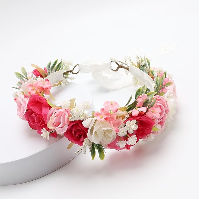Flower Crown for Girls Children Floral Headpiece Pink Kids Headband Wedding Holo Hair Accessories Birthday Photo Prop (Fuchsia)
