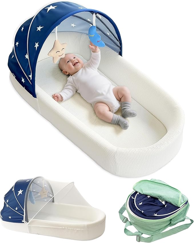 Large Portable Baby Lounger Nest-Travel Bassinet,Canopy & Mosquito Net-Lightweight Foldable Bassinet Lounger Cotton Cover & Supportive Mattress pad Washable Indoor-Outdoor Use,Blue