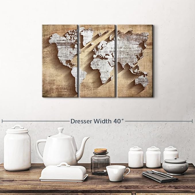 ElephantStock Dimensional World Map II Multi Piece Canvas - 3 Piece Canvas World Map Wall Decor - Wall Decor, Ready-to-Hang Print - Vintage Wall Art - 23" X 14"