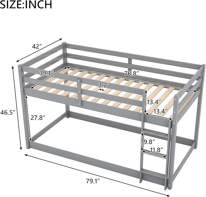 Merax Solid Wood Low Bunk Bed Frame for Kids/Toddlers/Junior, with Built-in Ladder, High Guardrail and Slats, Floor Bed Bottom Bunk, No Box Spring Needed, for Small Spaces, Twin-Over-Twin, Gray