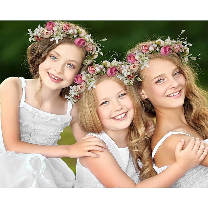 Lyrow 3 Pcs Camellia Flower Crown Rose Floral Crowns Headpiece Wedding Flowers Women Girl Headband Hair Accessory for Baby Toddler Communion Photo Prom Photography Christmas Festivals