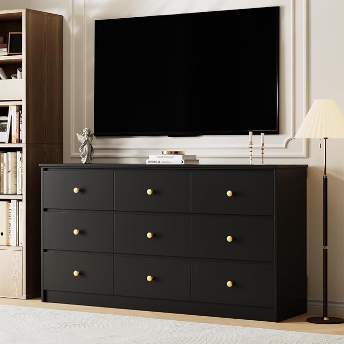 9 Drawer Dresser for Bedroom, 59" Wide Black Chest of Drawers, Wooden Dresser with 9 Drawers with Ample Storage, Modern Storage Organizer for Hallway,Nursery