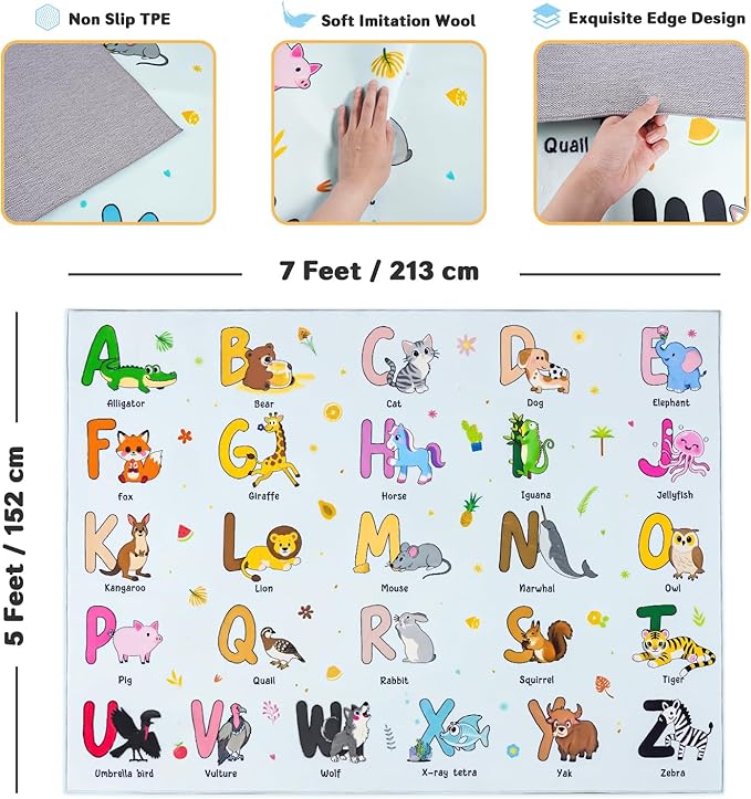 Kids Rugs for Playroom, 5x7 Feet Educational Rug for Learn The ABC Alphabet, Soft Machine Washable Non-Slip Cute Cartoon Animals Carpet for Classroom Toddler Nursery Kids Room Decor, Blue