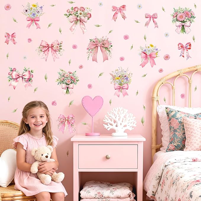 Bow Floral Window Cling Pink Bowknot Bouquet Window Stickers Watercolor Floral Flower Window Wall Decals Peel and Stick Coquette Ribbon Bow Wall Stickers for Girls Room Bedroom Nursery Decor