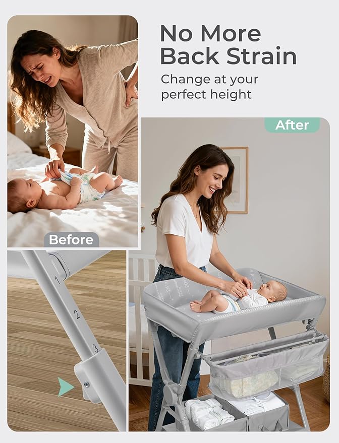 Baby Changing Table with Heating Function, Portable Folding Changing Table with Wheels, Waterproof Diaper Changing Station with 2 Drawers, Adjustable Height, Baby Changing Station for Infant, Newborn