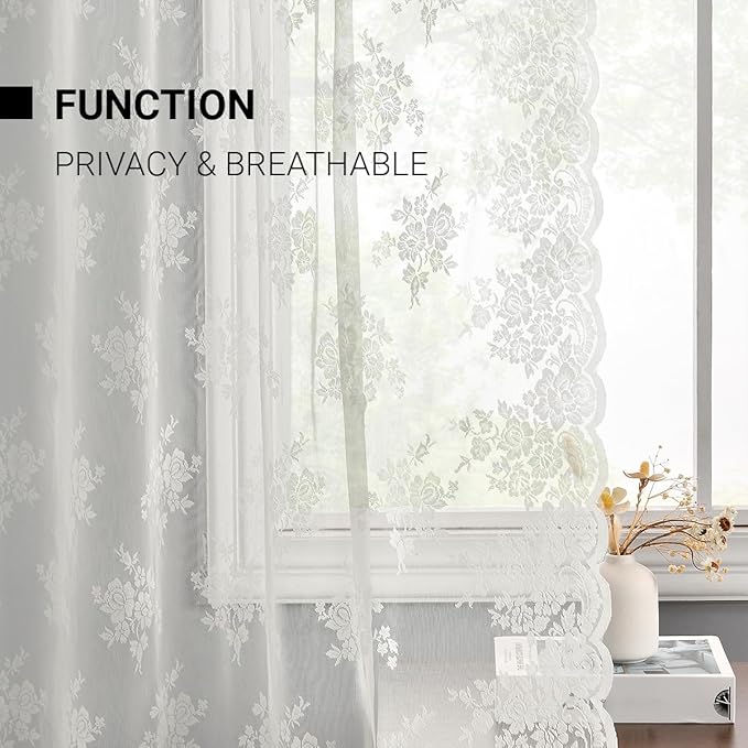 Kotile Ivory Lace Curtains 96 Inches Long - Country Floral Vintage Lace Window Curtains for Living Room, Premium Scalloped Floral Sheer Lace Curtain Panels, 52 x 96 Inch, 2 Panels, Ivory/Cream