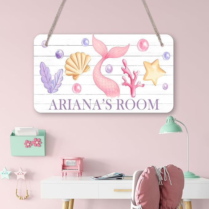 Mermaid Design Sea Theme Personalized Room Door Sign Custom Name Signs Kids Girls Bedroom Decor Nursery Dorm Farmhouse Baby Room Wood Hanger Art Wall Plaque 12x6 Inches