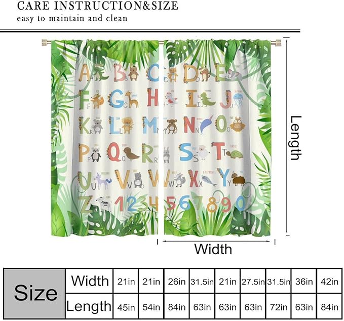 Kids Animal Alphabet Curtain Tropical Plant Alphabet Educational Printed Rod Pocket Blackout Window Drapes for Bedroom Living Room Nursery School 63" W X 63" L