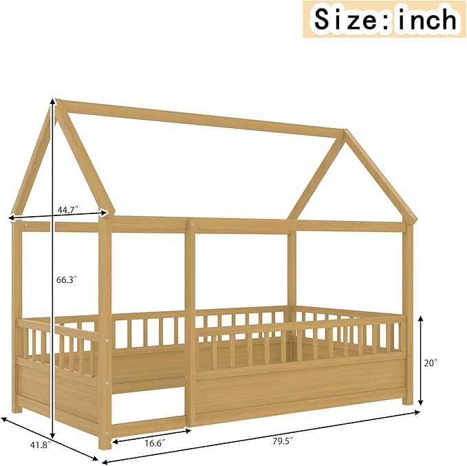 Ball & Cast Twin Size House Bed Frame,Montessori Floor Bed with Safety Fence and Roof for Kids,Wood Platform Bedframe W/Open Door for Girls Boys,Bedroom,Playroom,Easy Assembly,Natural